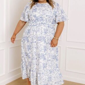 Impressions Blue and White Floral Midi Dress